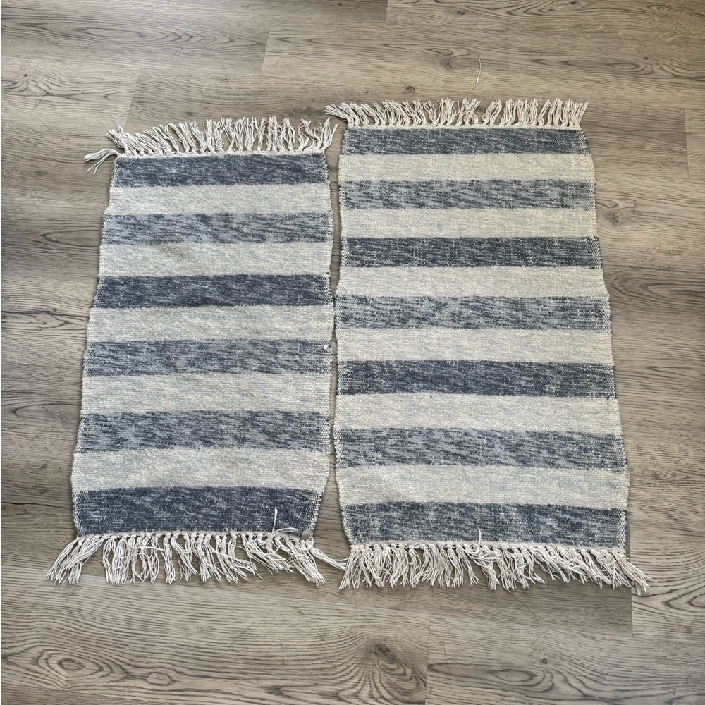 Striped Gray and White Fringe Rugs